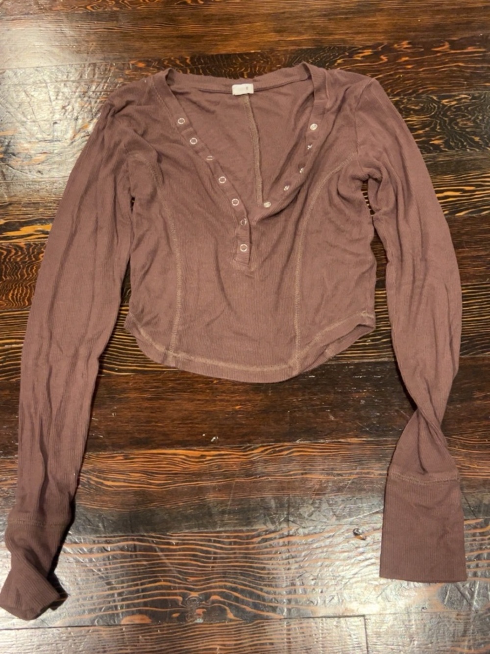 Garage Women's Long Sleeve Ribbed Henley Top in Mauve Brown